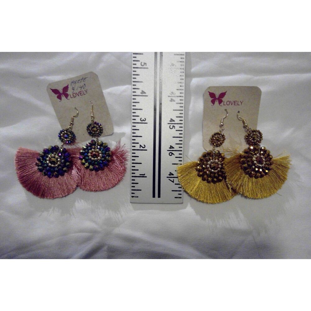Boho Beaded Fan Tassel Earrings Bundle - Pink & Mustard Gold (Set of 2)